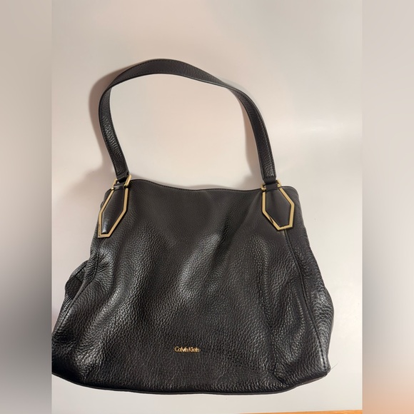 Calvin Klein Black Pebbled Leather Tote Bag Gold Hardware Shoulder Purse - Picture 8 of 17
